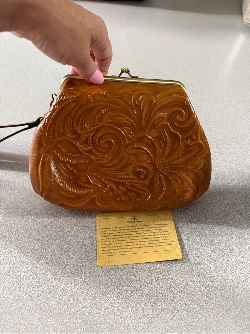 Patricia Nash Embroidered Tooled Leather Wristlet Clutch - Caramel Brown